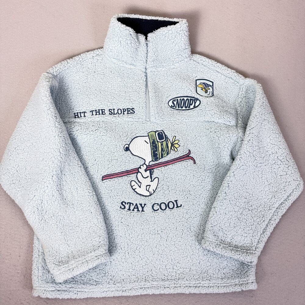 Peanuts Snoopy Sherpa 1/4 Zip Pullover M Light Blue Hit The Slopes Ski
